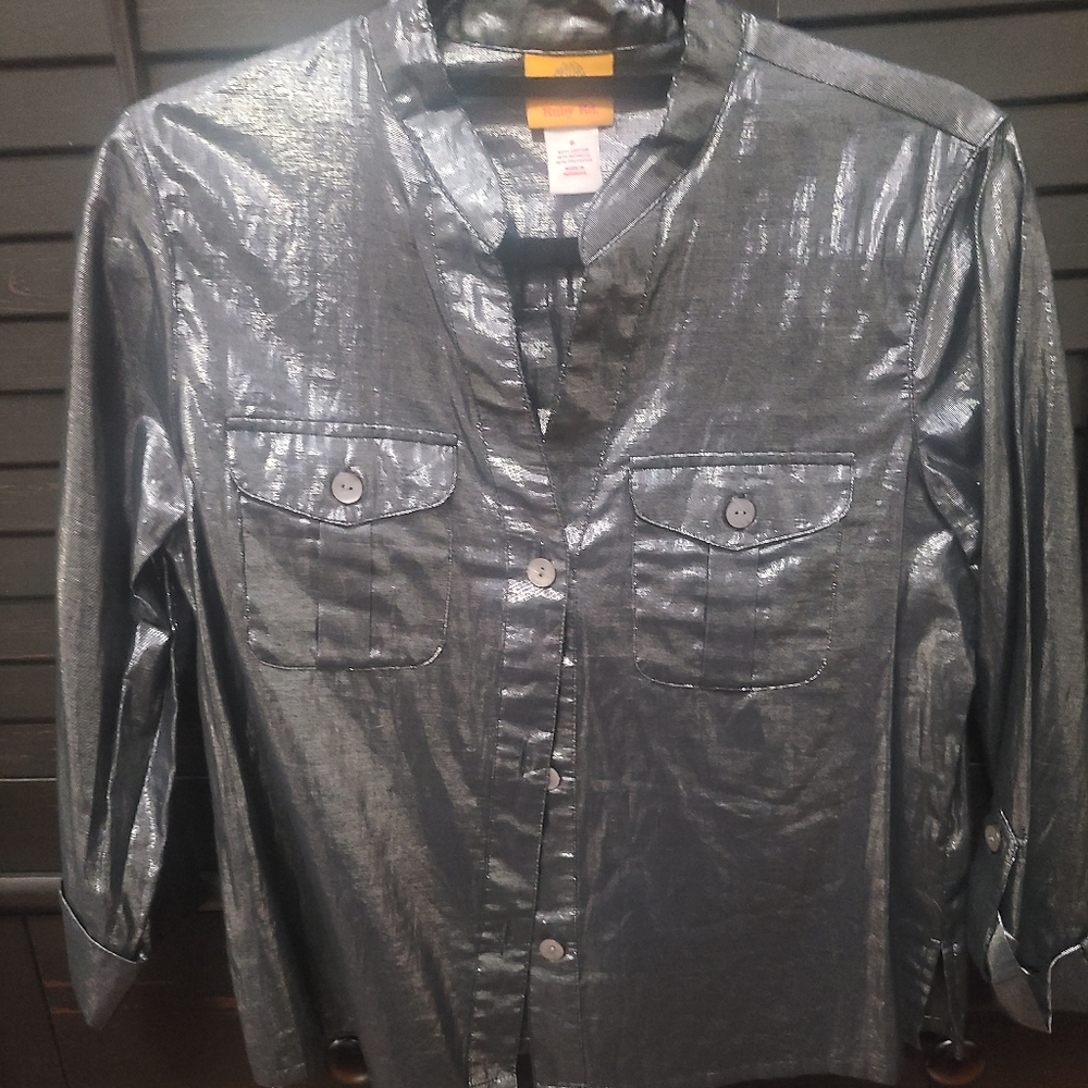 Grey Metallic Ruby Rd Button Down Blouse